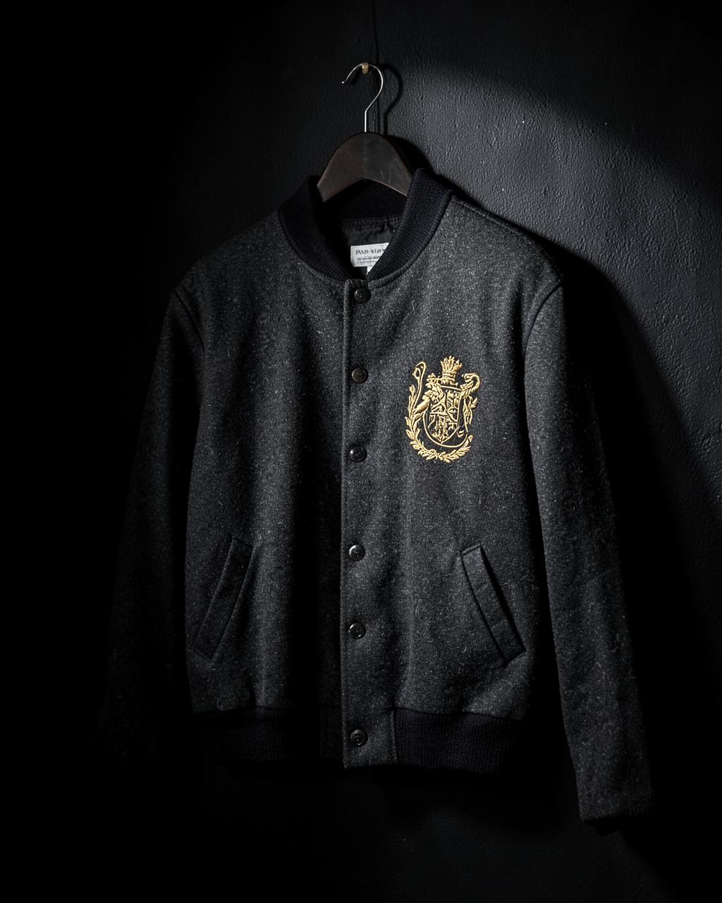 Charcoal wool bomber jacket with a gold embroidered chest crest