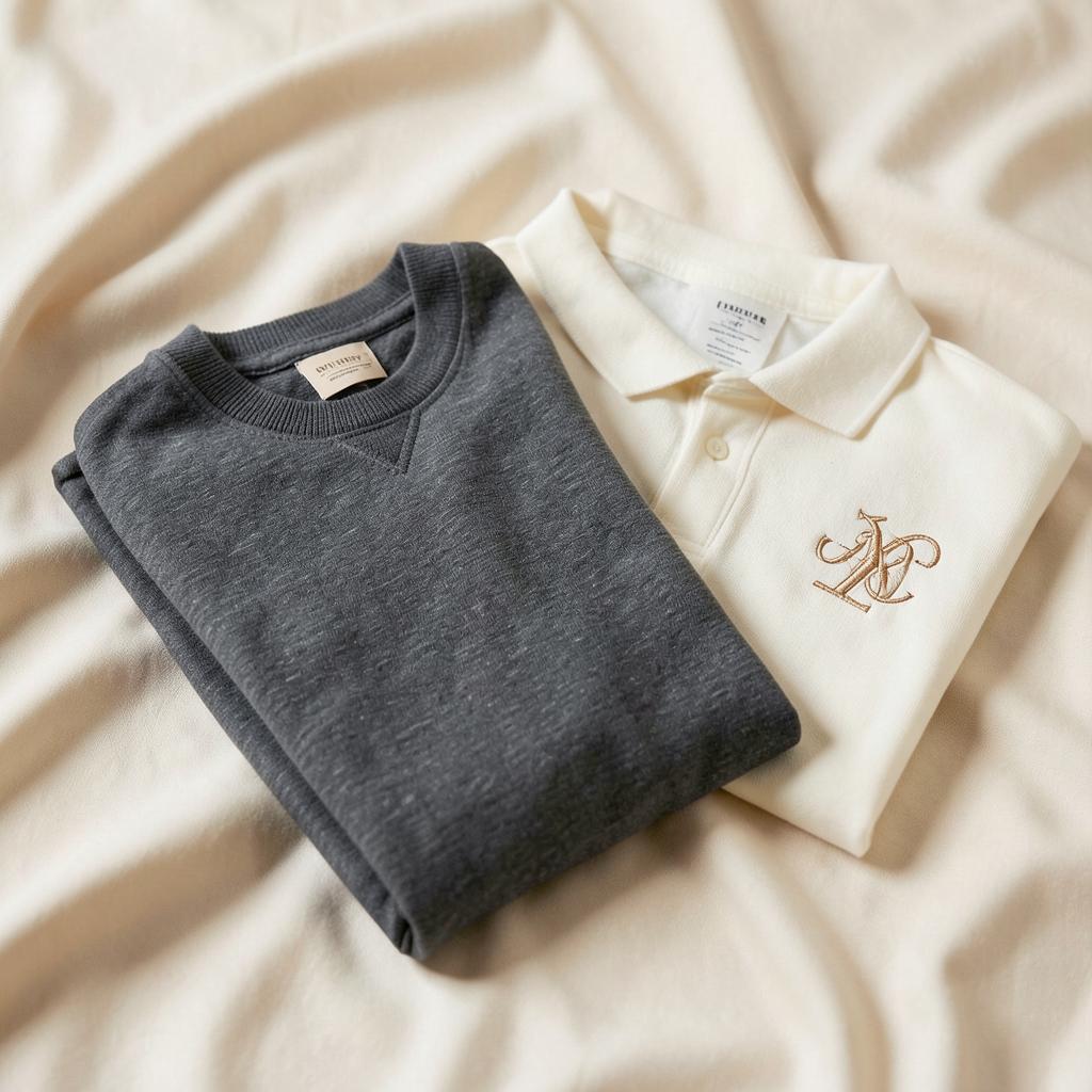 Folded charcoal sweatshirt and ivory polo with a gold embroidered monogram