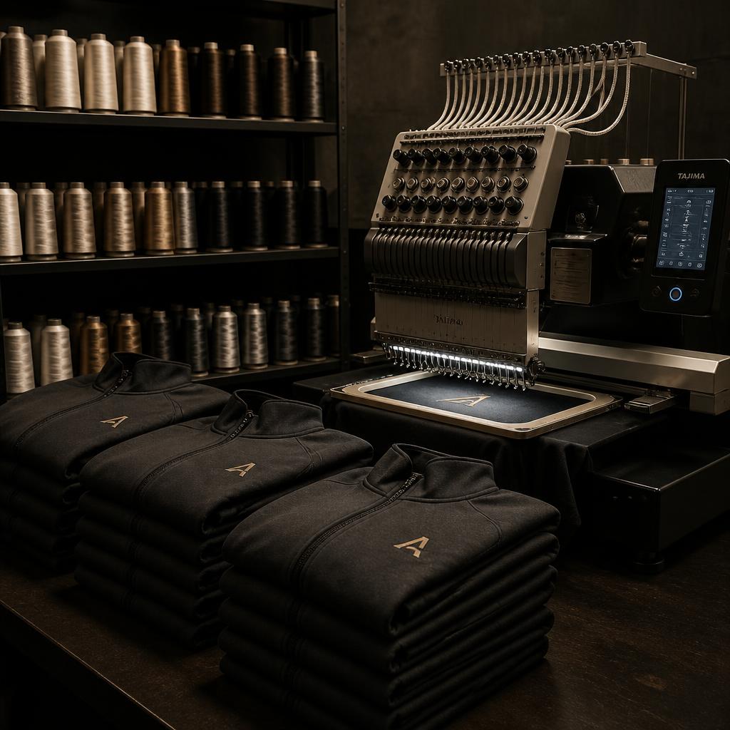 Stacks of identical charcoal jackets beside a multi-needle commercial embroidery machine