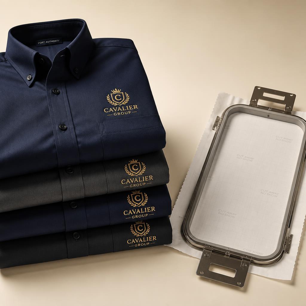 Stack of navy and charcoal corporate shirts with gold embroidered crests beside a rectangular embroidery hoop