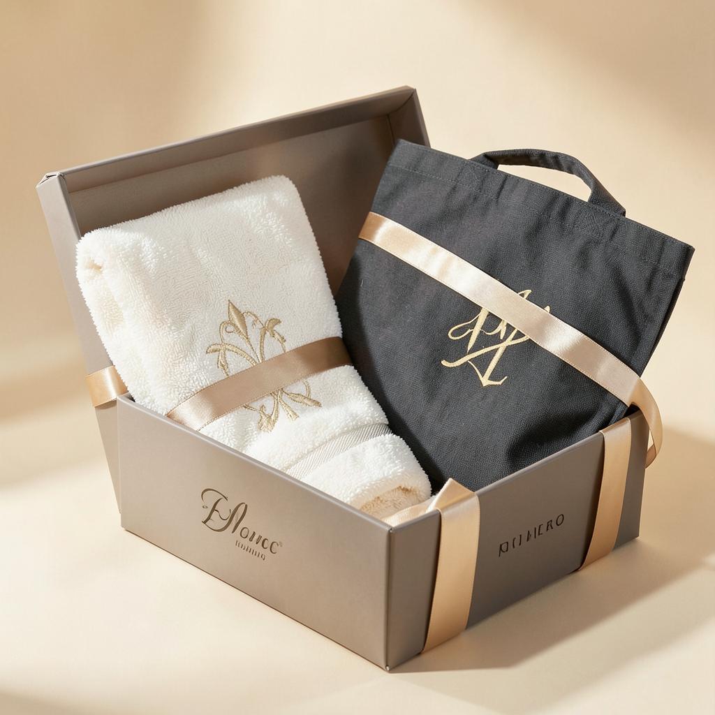 Embroidered ivory towel and charcoal tote with gold monograms in a champagne gift box