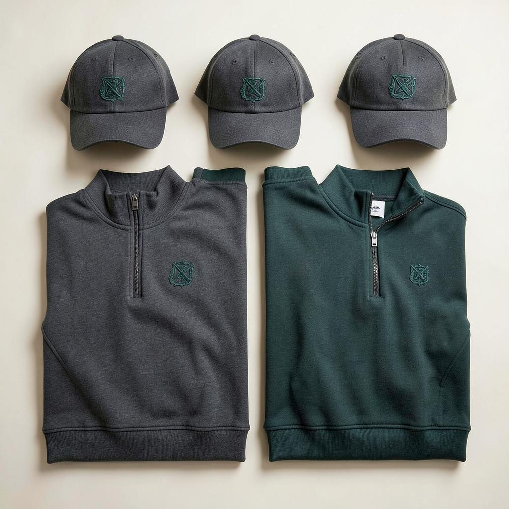 Embroidered caps and quarter-zip pullovers in charcoal and emerald arranged in a grid